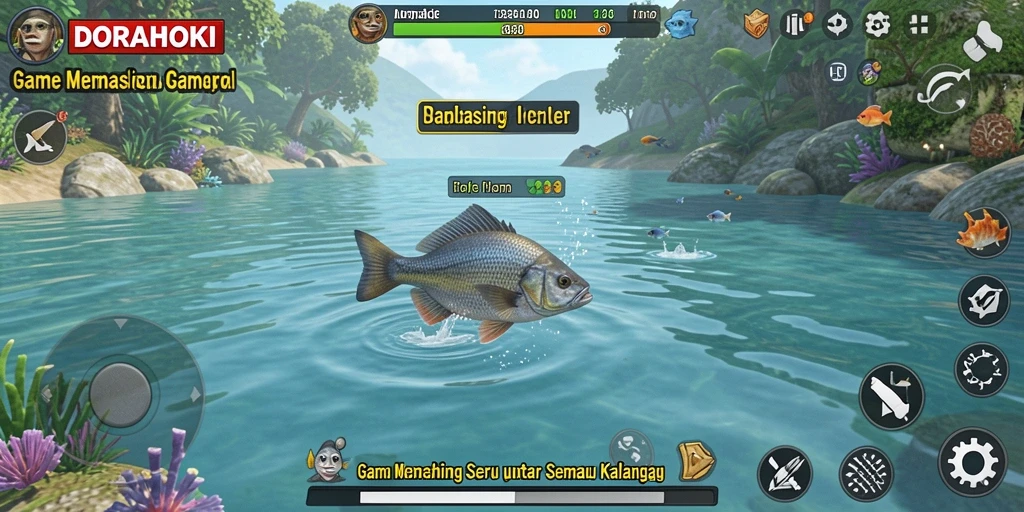 Tampilan gameplay DORAHOKI yang seru dengan memancing di lokasi yang indah.
