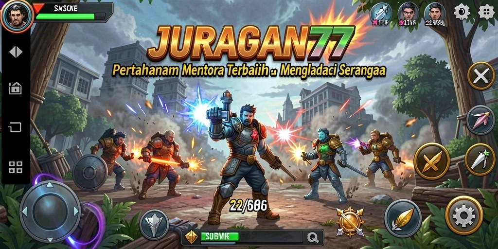 Screenshot gameplay JURAGAN77 menampilkan aksi Tower Defense yang seru.