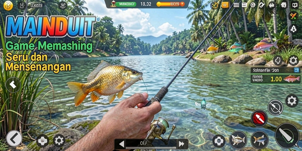 Tampilan gameplay MAINDUIT dengan aksi memancing yang seru.