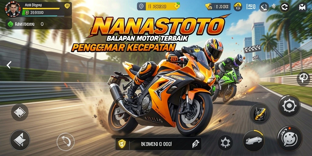 Tampilan gameplay seru NANASTOTO yang menampilkan balapan motor mendebarkan.