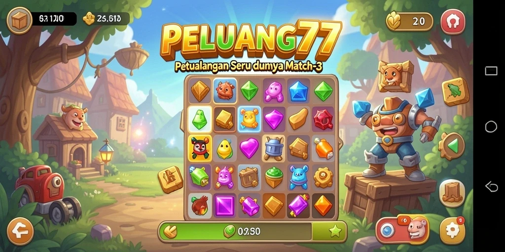 Tangkapan layar PELUANG77 menampilkan aksi seru mencocokkan elemen warna-warni.